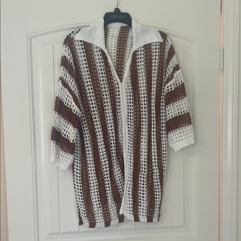 Brown and White Striped Knit Cardigan